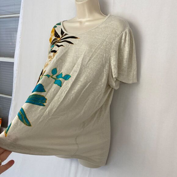 Chicos Top Size 4 100% Linen Floral Tropical Coastal Scoop Neck Beige Tan XXL 2X - Picture 3 of 10